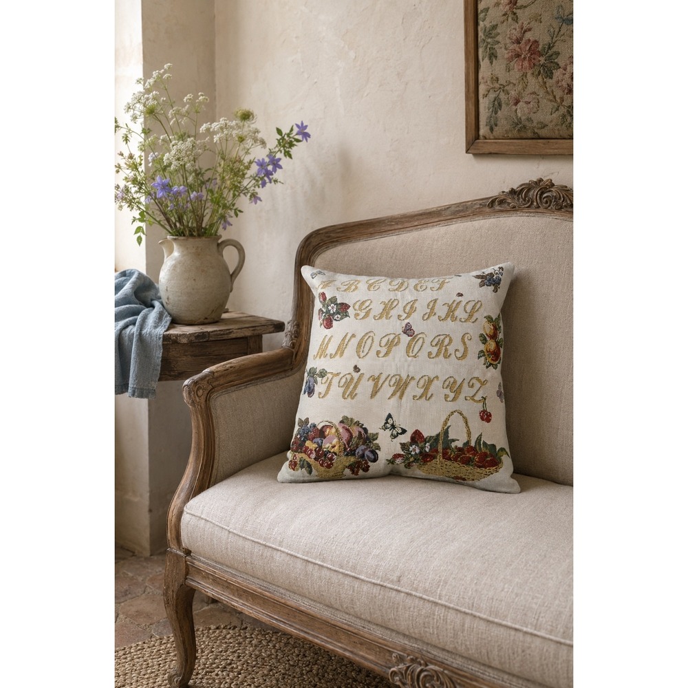 Flemish Tapestries Alphabet Sampler Fruit Basket Woven Pillow Cover 18x18 France